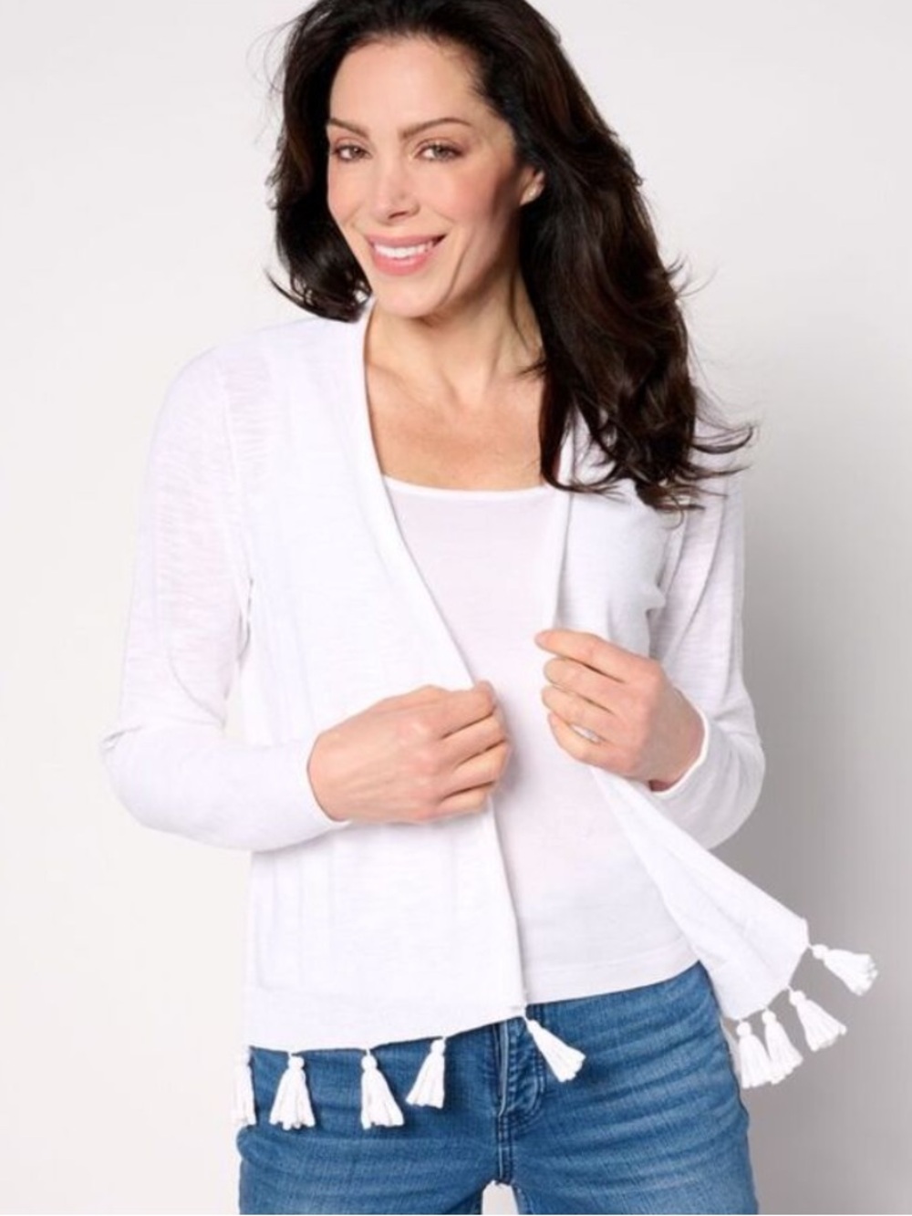 White Belle Kim Gravel fringe open front cardigan sweater medium